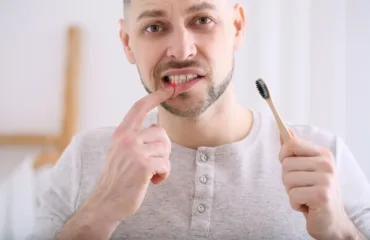 Mężczyzna wskazuje krwawiące dziąsło podczas szczotkowania zębów.